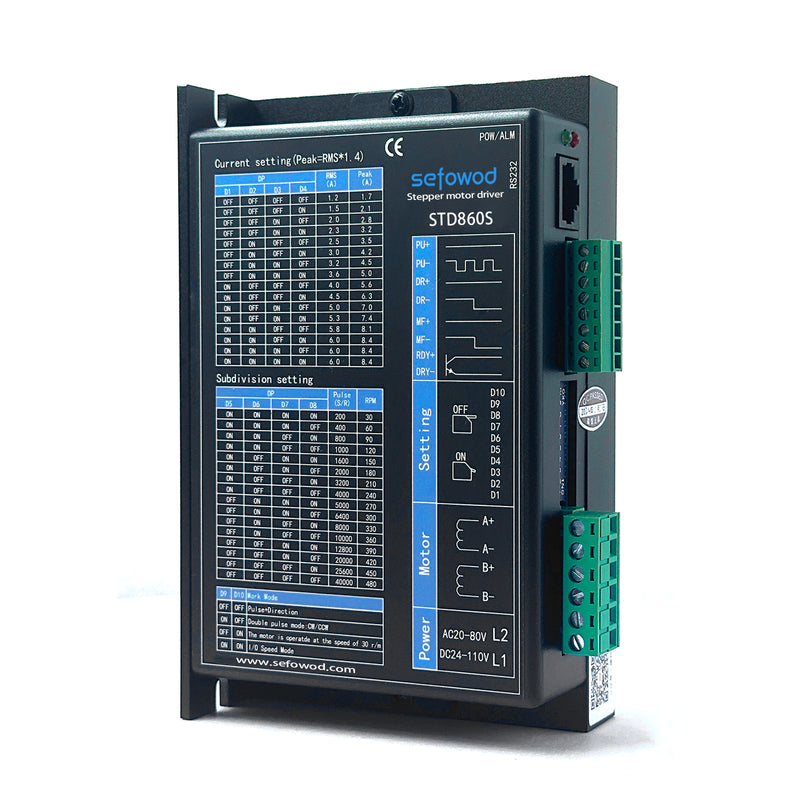 SEFOWOD High Torque Stepper Motor Driver CNC Controller STD860S 1.2A-6.0A AC20-80V/DC24-110V 40000 Microsteps Customizable with Any Subdivision for Nema17/23/34 Stepper Motor